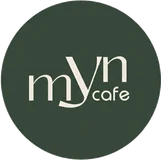 Logo myn cafe: chữ myn lồng trong khối tròn màu xanh rêu, bên dưới là chữ cafe.