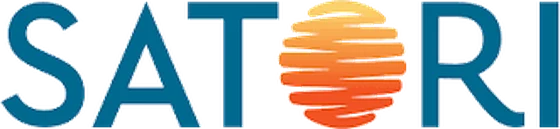 Logo Satori: chữ SATORI màu xanh dương, chữ O thay bằng hình cầu vân cam.